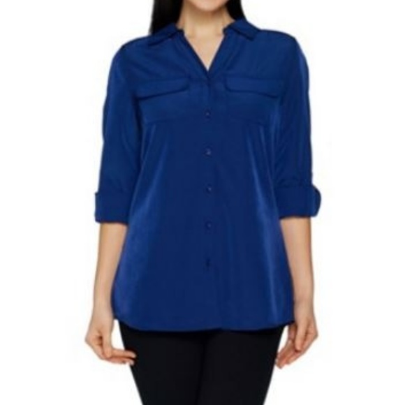 Denim&Co Tops - Denim & Co Roll Tab Sleeve Button Front Top NEW